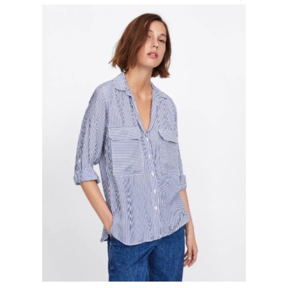 Zara striped button up blouse with pockets, M - Picture 1 of 5